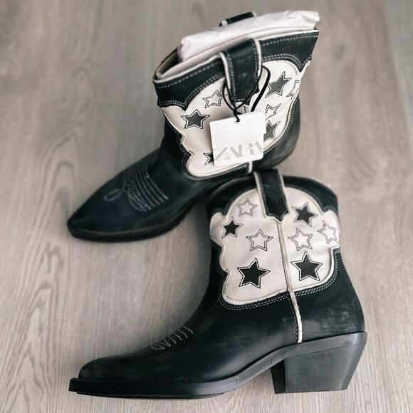 Zara Shoes - ZARA STAR LEATHER COWBOY ANKLE BOOTS
